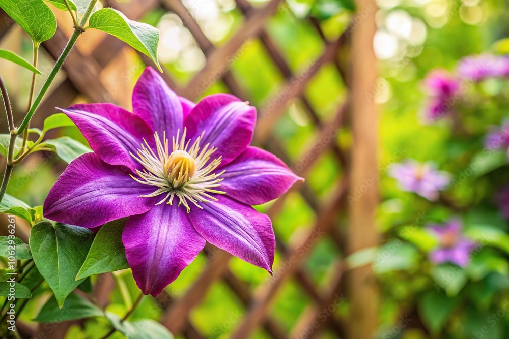 Clematis flower blooming on trellis in garden flower bed with forced perspective Clematis flower blooming on trellis in garden flower bed with forced perspective