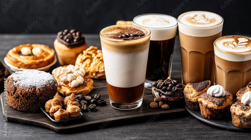 Assorted pastries on a wooden board with various coffee drinks in glasses, including lattes and cappuccinos, arranged in a cozy cafe setting. Assorted pastries on a wooden board with various coffee drinks in glasses, including lattes and cappuccinos, arranged in a cozy cafe setting.