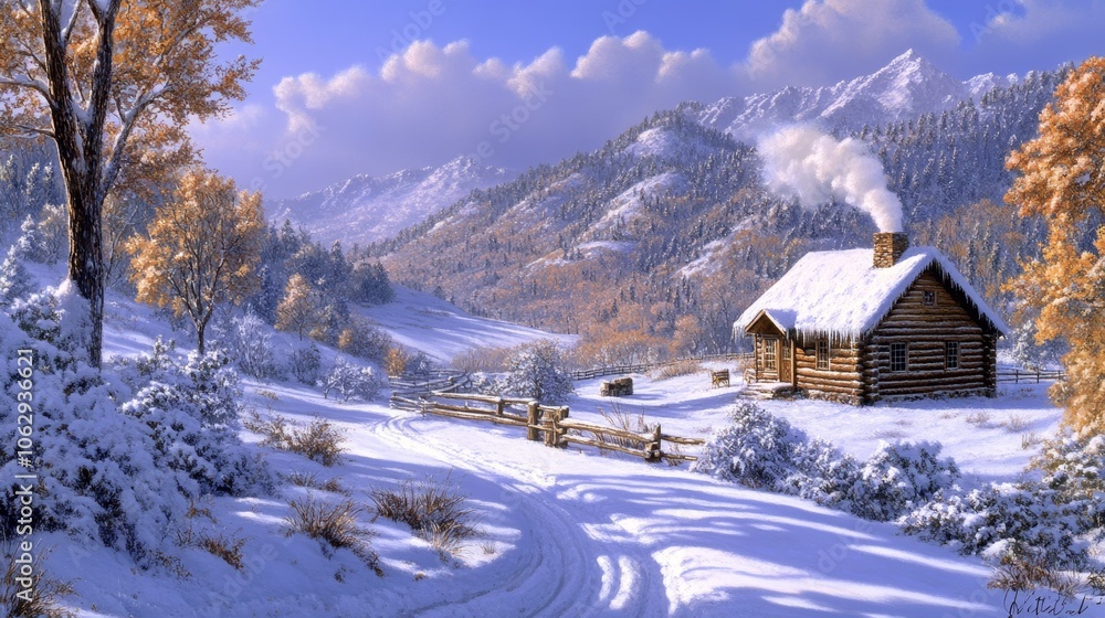 Cozy Log Cabin in Snowy Mountain Valley with Smoke Rising from Chimney Cozy Log Cabin in Snowy Mountain Valley with Smoke Rising from Chimney