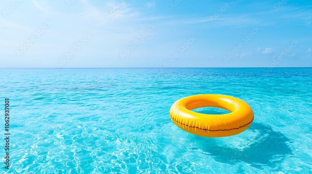 Yellow inflatable ring floating on calm turquoise ocean water. Yellow inflatable ring floating on calm turquoise ocean water.