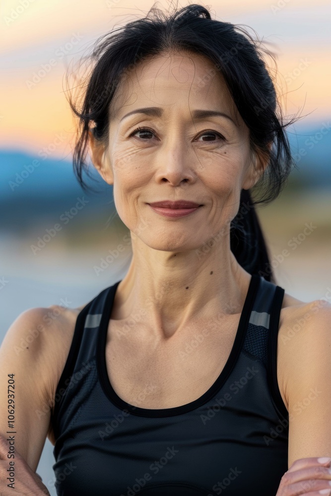 A woman smiles while standing outside. AI. A woman smiles while standing outside. AI.