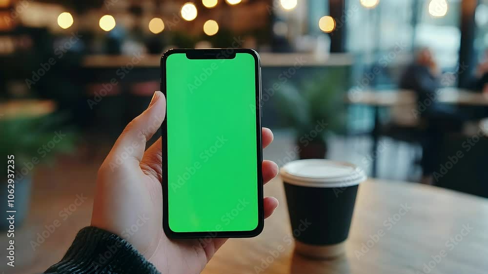 A hand holds a smartphone displaying a green screen, with a coffee cup in the background, suggesting a casual and creative environment for digital content creation. A hand holds a smartphone displaying a green screen, with a coffee cup in the background, suggesting a casual and creative environment for digital content creation.