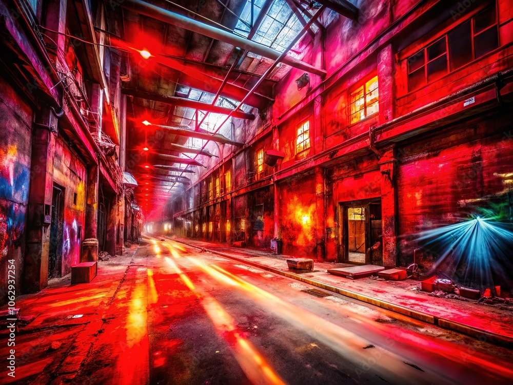 Obraz premium Abstract city exploration; crimson hues define urban decay.