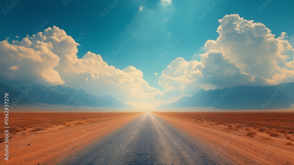 A long, straight road leads towards a hazy horizon with the sun shining through the clouds. A long, straight road leads towards a hazy horizon with the sun shining through the clouds.