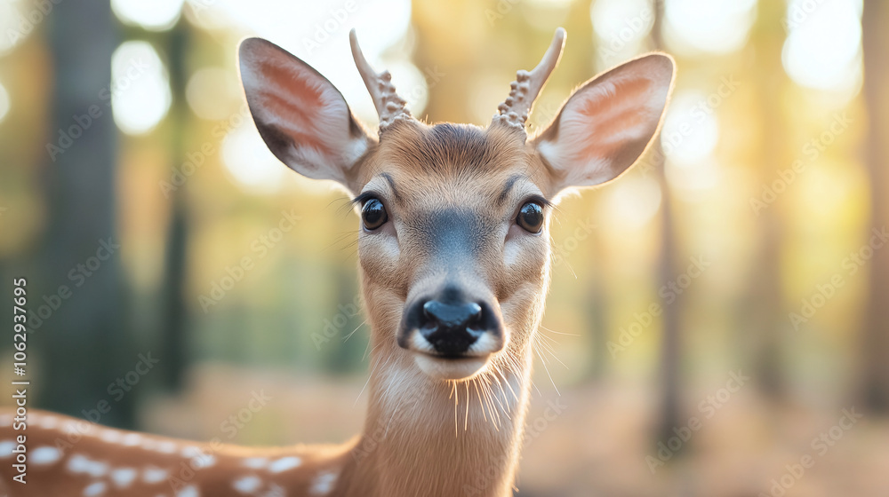 close up of young deer with soft features and gentle light in forest setting, showcasing its curious expression and delicate antlers close up of young deer with soft features and gentle light in forest setting, showcasing its curious expression and delicate antlers