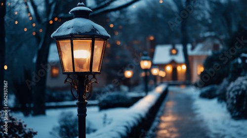  Street lamps glowing warmly in a snow-covered historic district, highlighting charming architecture