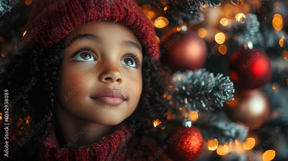 a young girl in cozy holiday attire standing beside a decorated christmas tree adorned with ornaments, twinkling lights, and garlands. young girl beside christmas tree a young girl in cozy holiday attire standing beside a decorated christmas tree adorned with ornaments, twinkling lights, and garlands. young girl beside christmas tree