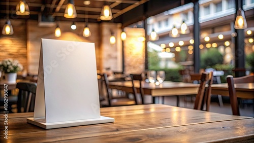 Wallpaper Mural Blank Menu Frame Mock-Up in Bar Restaurant for Custom Text with Acrylic Tent Cards on Wooden Table in Blurred Cafeteria Background Torontodigital.ca