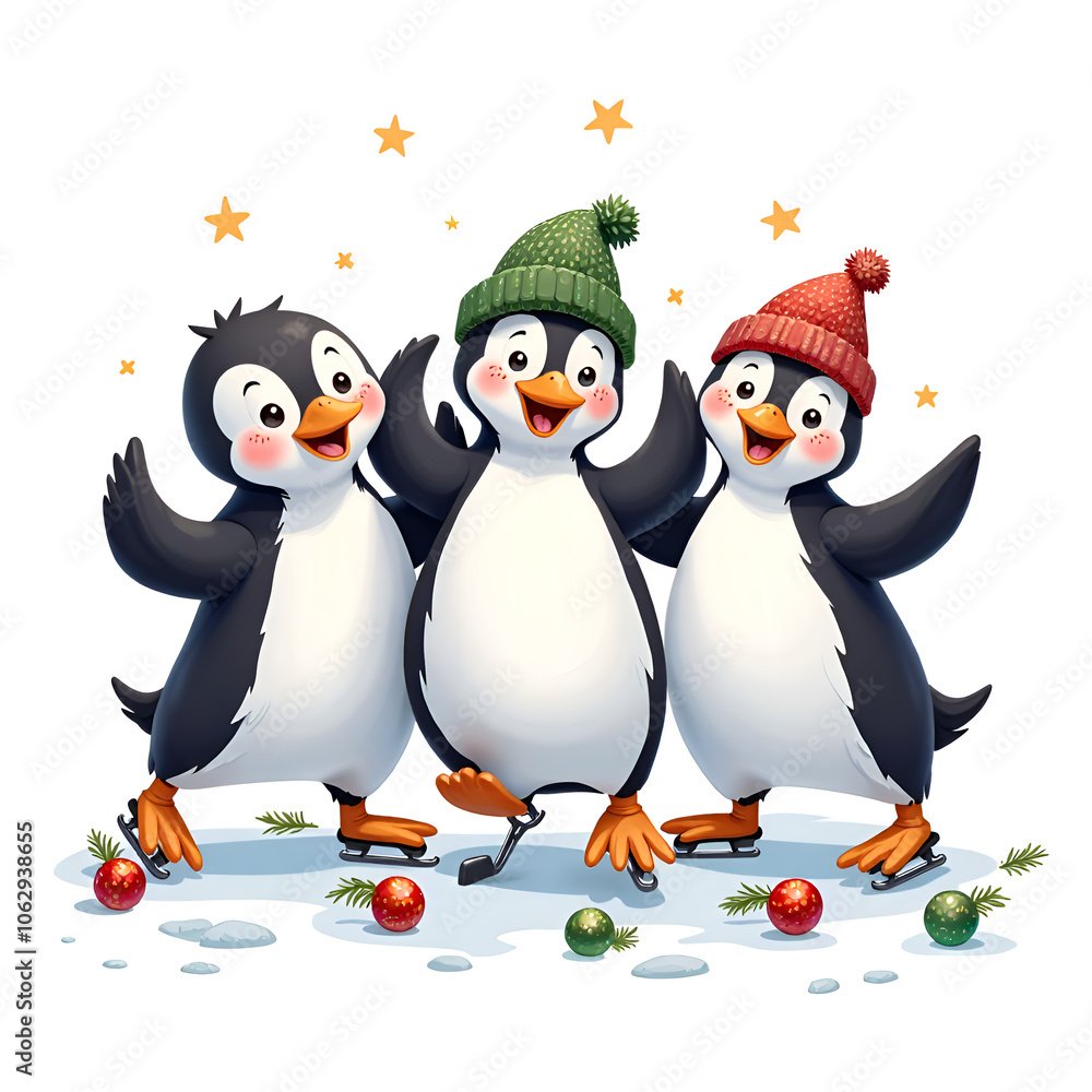 Obraz premium Embrace the joy of togetherness with these cheerful winter penguins in festive hats , digital illustration of character design concept.