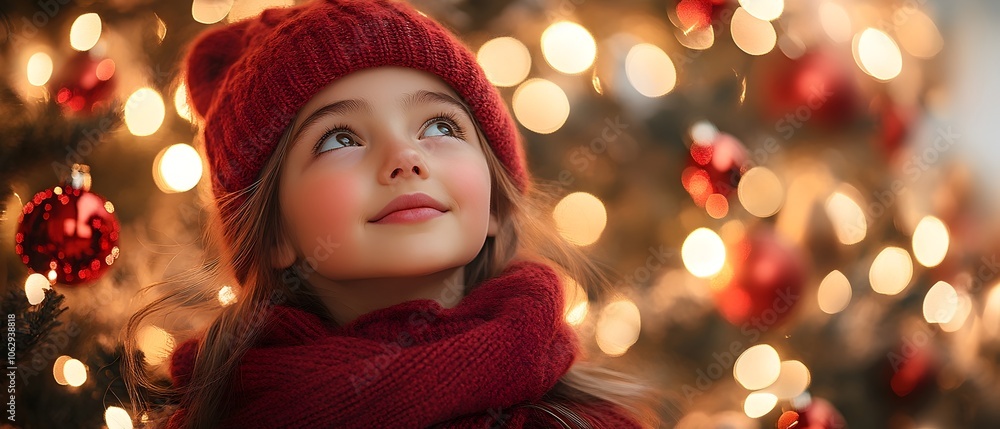 a young girl in cozy holiday attire standing beside a decorated christmas tree adorned with ornaments, twinkling lights, and garlands. young girl beside christmas tree a young girl in cozy holiday attire standing beside a decorated christmas tree adorned with ornaments, twinkling lights, and garlands. young girl beside christmas tree