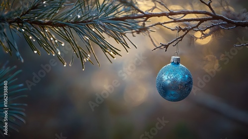 Wallpaper Mural A lone blue ornament hangs delicately on a pine bough during Christmas. Torontodigital.ca