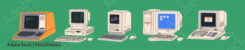 Retro 80s and 90s computers set. Old tech, 1980s computing machines with monitor, keyboard. PC technology history. Desktop equipment, 1990s electronic devices. Isolated flat vector illustrations