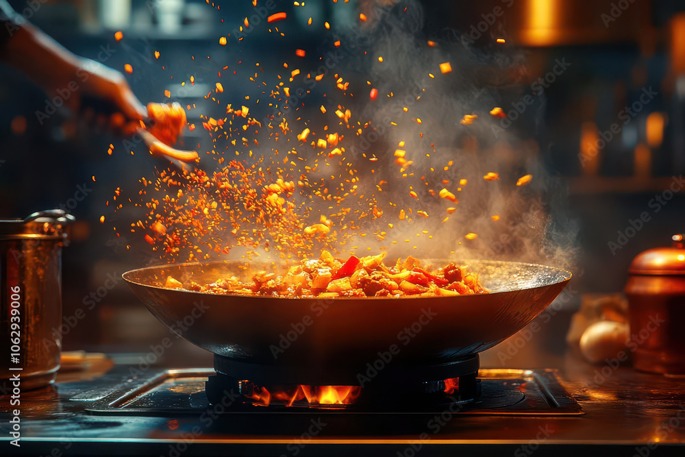 chef skillfully prepares vibrant dish, tossing colorful ingredients in sizzling pan. kitchen is filled with steam and spices, creating inviting atmosphere chef skillfully prepares vibrant dish, tossing colorful ingredients in sizzling pan. kitchen is filled with steam and spices, creating inviting atmosphere