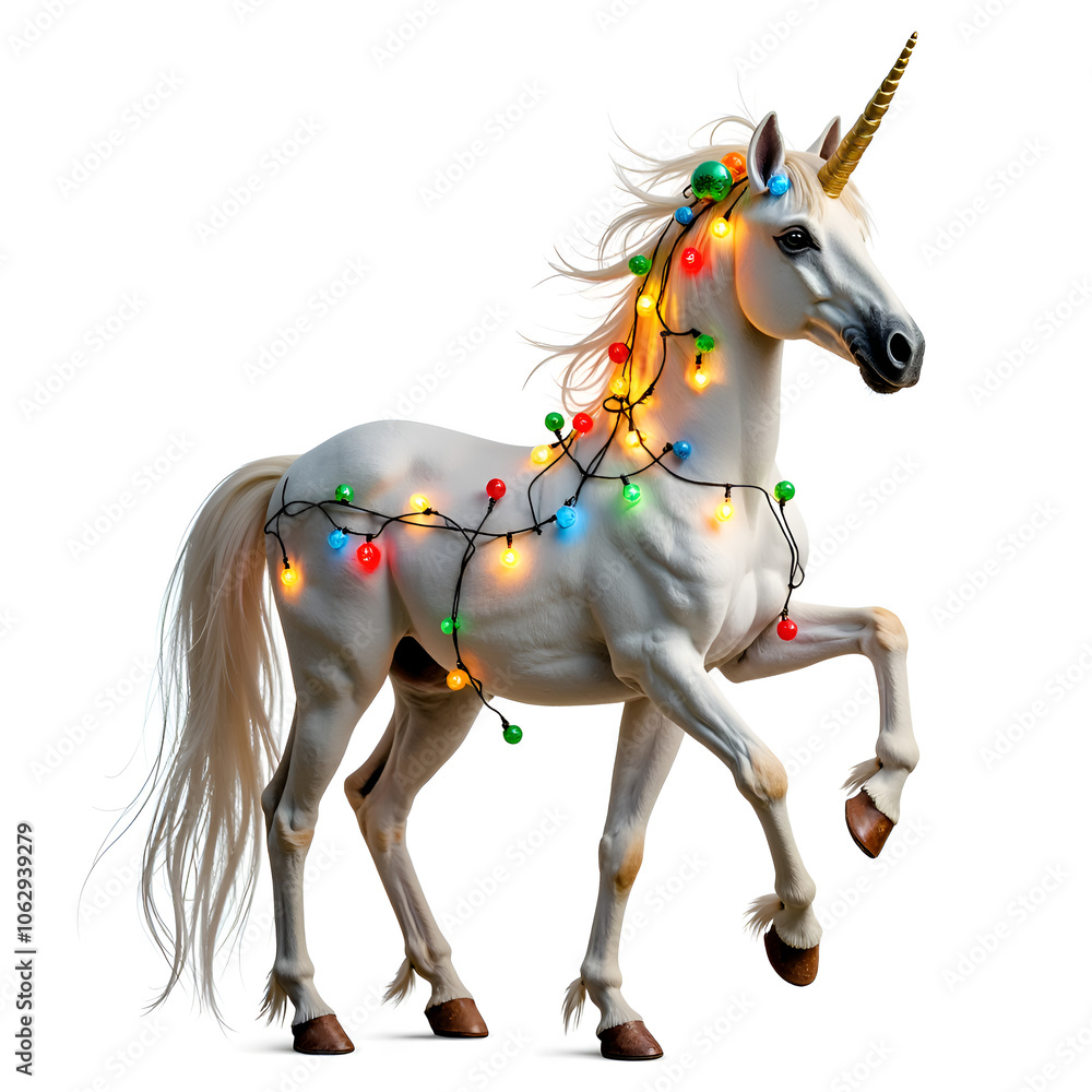 Naklejka premium A fantastical unicorn adorned with colorful lights brings joy to the festive season, 3d rendering of fantasy concept.