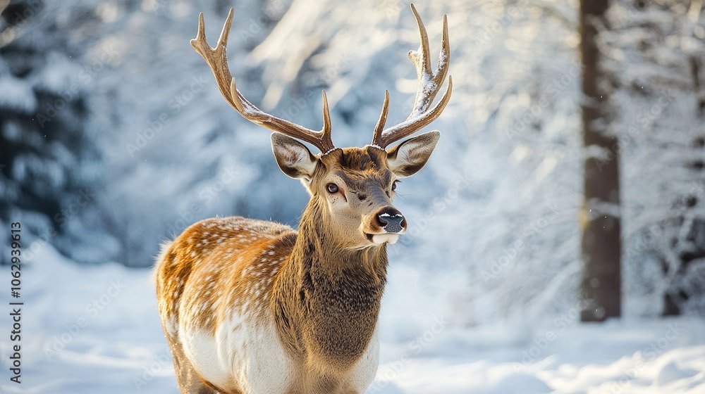 A majestic deer with golden antlers stands tall amidst a snow-laden forest. A majestic deer with golden antlers stands tall amidst a snow-laden forest.