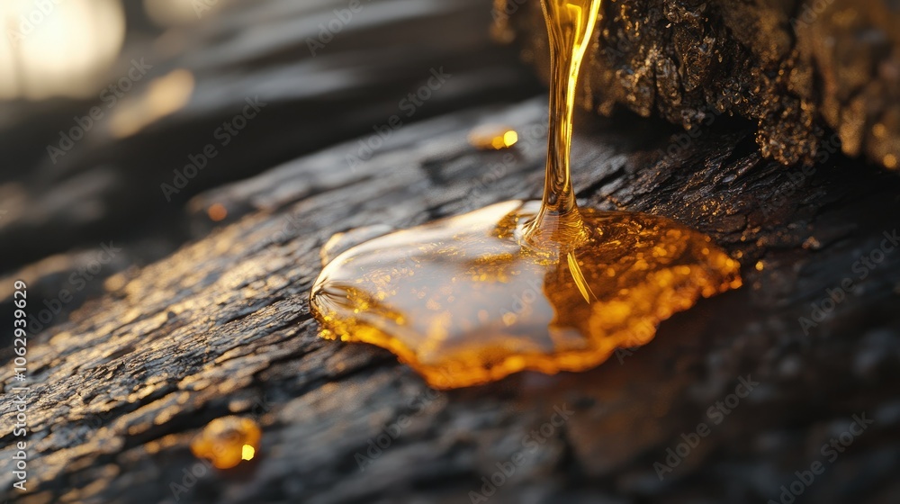 Golden Resin Dripping from Wood Surface Golden Resin Dripping from Wood Surface