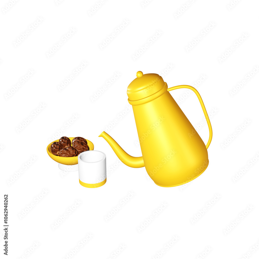 Obraz premium golden teapot, a bowl of dates and drinking water to break the fast in the month of Ramadan