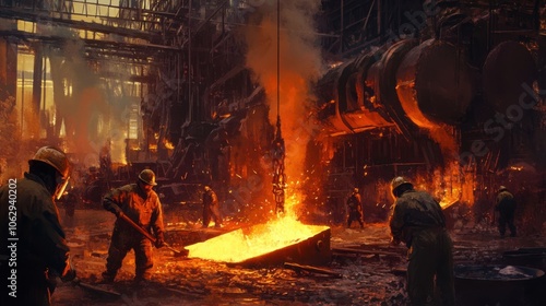 A steel factory scene depicting workers in safety gear pouring photo