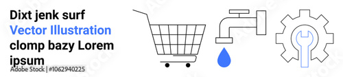 Shopping cart, faucet dripping water, and gear with wrench indicate commerce, resource management, and technical services. Ideal for resource allocation, service management, shopping platforms, DIY