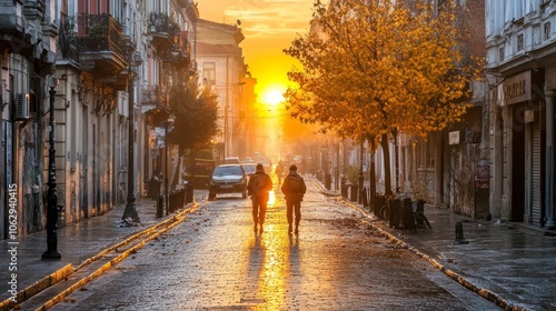 Golden Hour Sunset Street Scene With Two People Walking