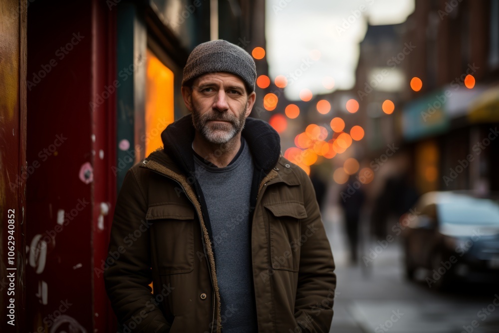 Handsome middle-aged man with a gray beard in a brown jacket and a gray hat on a city street Handsome middle-aged man with a gray beard in a brown jacket and a gray hat on a city street
