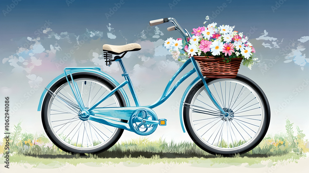 Fototapeta premium A blue bicycle with a basket full of flowers.