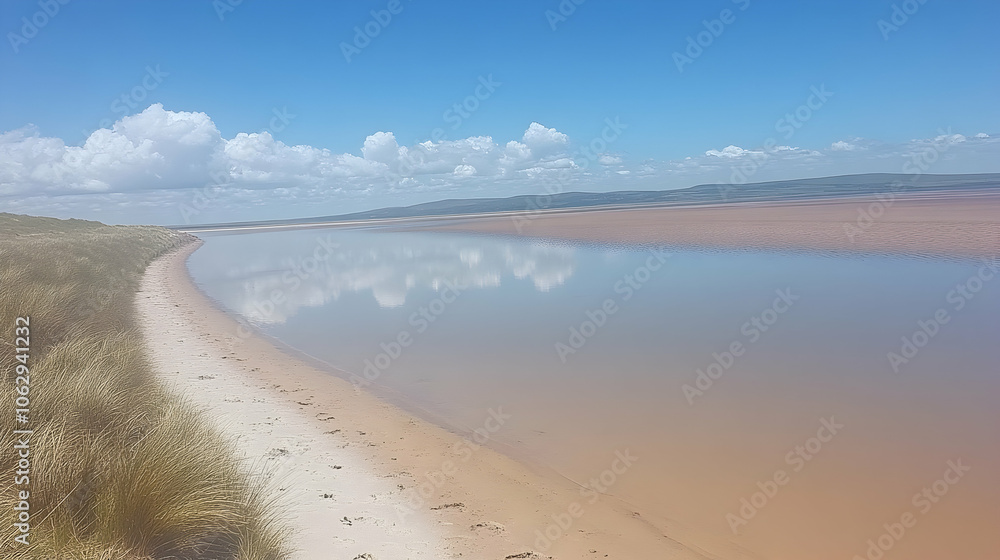 A calm, clear river flows through a sandy beach with grassy dunes on one side and a hazy view of the opposite bank under a blue sky with white clouds. A calm, clear river flows through a sandy beach with grassy dunes on one side and a hazy view of the opposite bank under a blue sky with white clouds.