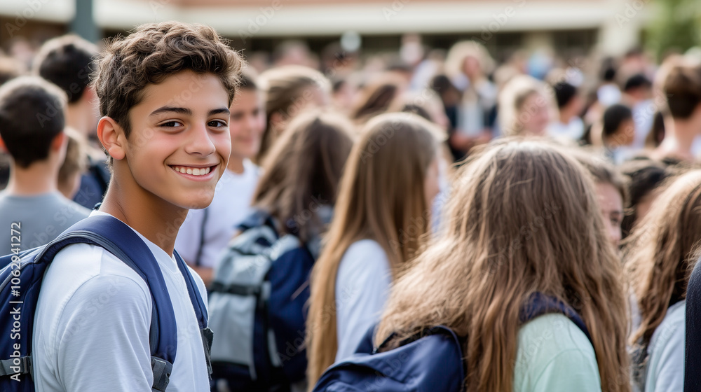 Obraz premium High school students gathered in the school yard, cheerful and excited for back to school