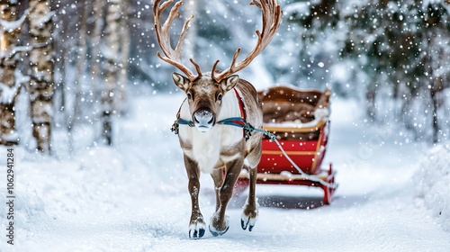 A reindeer with huge antlers gallops through the snowy landscapes of Northern Norway, pulling a sleigh behind it. photo