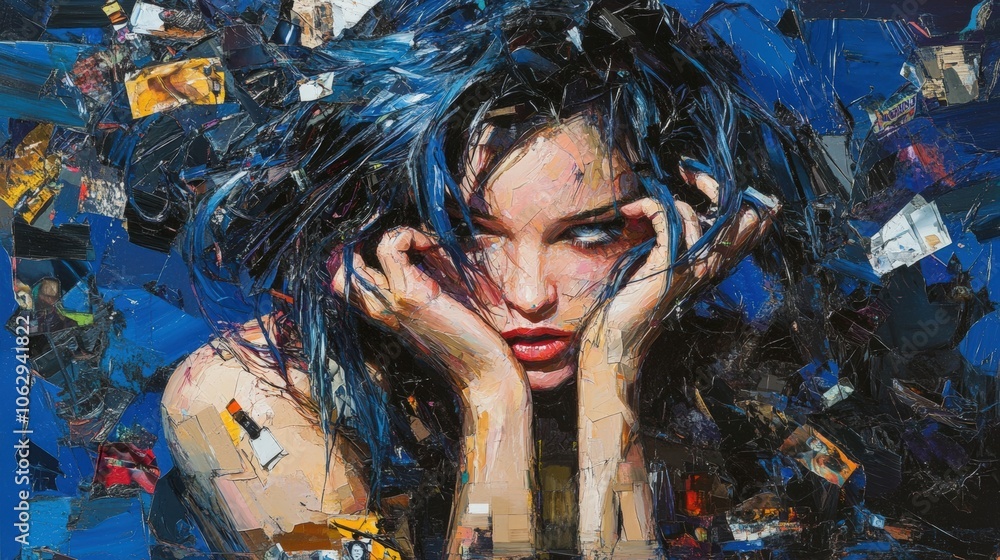 Woman with blue hair in abstract painting. Woman with blue hair in abstract painting.