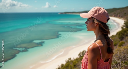 Wanderer model girl hiking near the Great Barrier Reef, Australia in dusty pink and coral tones. Nature-inspired and captured with Hasselblad X1D in 8k resolution. photo