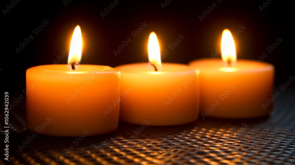 Three Burning Candles on Dark Background Warm Romantic Relaxation Meditation Spa Three Burning Candles on Dark Background Warm Romantic Relaxation Meditation Spa