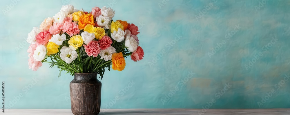 A vibrant bouquet of colorful flowers arranged in a rustic vase, set against a soft teal background, bringing freshness and beauty to any space. A vibrant bouquet of colorful flowers arranged in a rustic vase, set against a soft teal background, bringing freshness and beauty to any space.