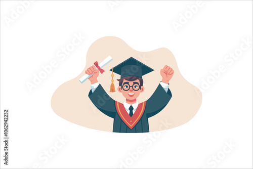 A young man celebrates his graduation on isolated white background. vector illustration.