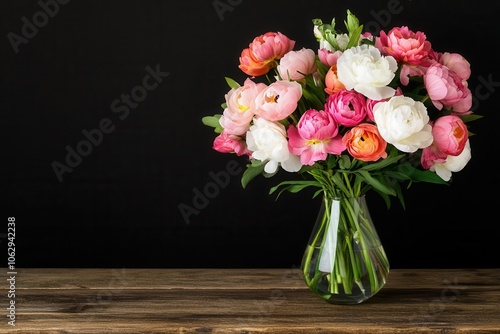 A vibrant bouquet of pink and white flowers in a clear vase sits on a rustic wooden table against a dark background.