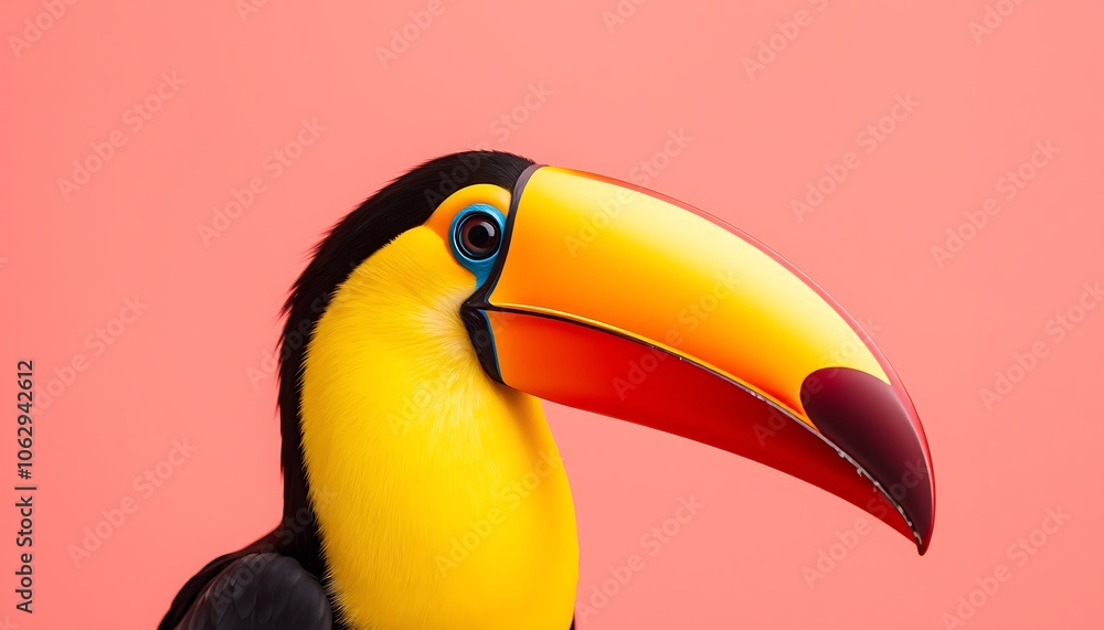 Naklejka premium Toucan Bird Close-up on Pink Background,