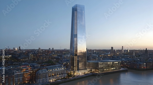 A modern skyscraper stands tall against a clear blue sky, overlooking a cityscape and river.