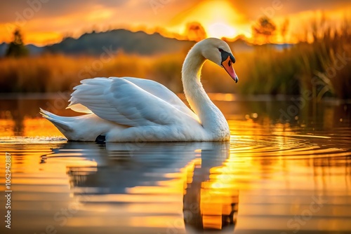 Fototapeta Naklejka Na Ścianę i Meble -  AI-generated photorealistic swan lake sunset.