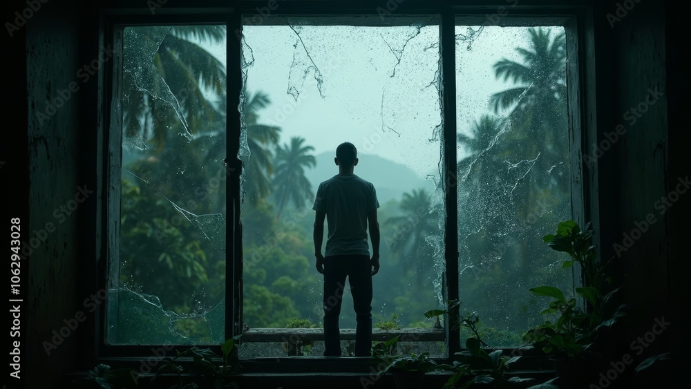 Fototapeta premium Silhouette of man at broken window overlooking tropical jungle through misty glass