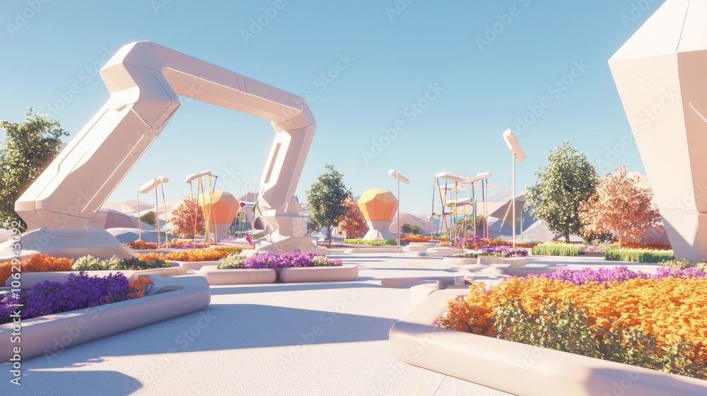 Fototapeta premium Futuristic Retro Park with Geometric Structures and Vibrant Flowers in 3D Render Under Blue Sky - Ultra-Detailed Illustration