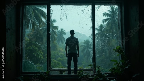 Silhouette of man at broken window overlooking tropical jungle through misty glass