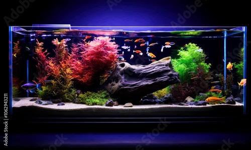 Vibrant aquarium with colorful plants and fish in a dark setting