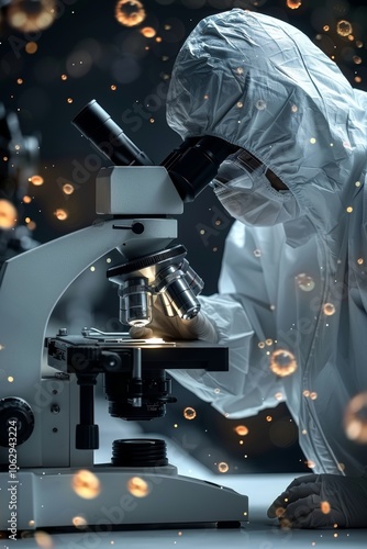 Scientist conducting research on nanotechnology and viruses in a cleanroom laboratory setting