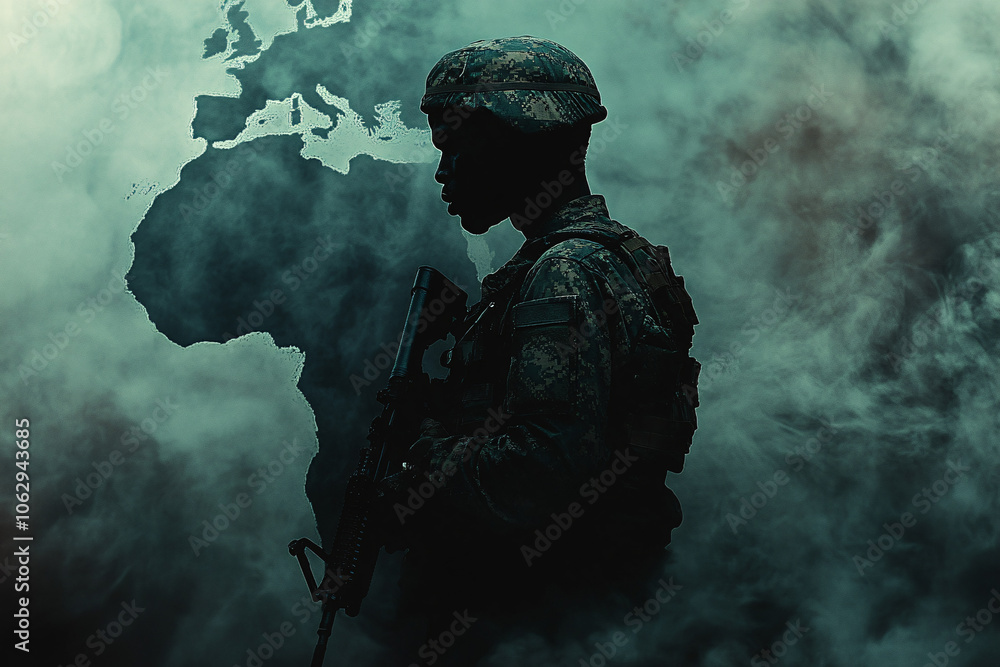 Silhouette of a soldier in uniform holding a rifle standing against a smoky background with a faint map of Africa symbolizing conflict
Silhouette of a soldier in uniform holding a rifle standing against a smoky background with a faint map of Africa symbolizing conflict