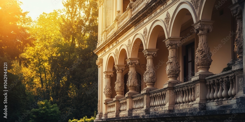 Naklejka premium Ornate balcony with stone pillars and arches.