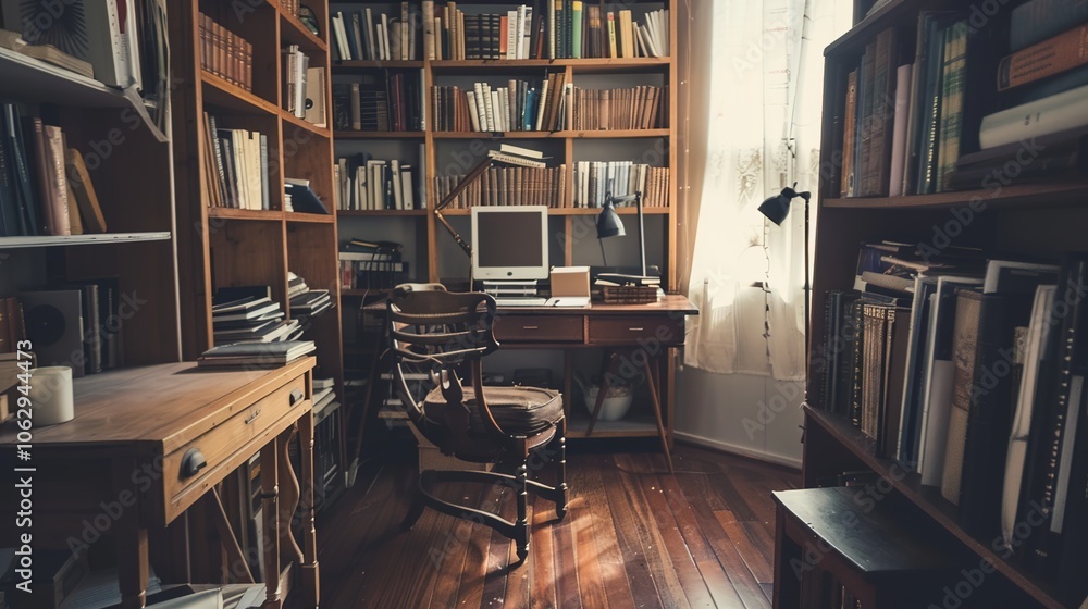 Cozy home office, Bookshelf with books, wooden writing desk adorned with family photographs and plants Cozy home office, Bookshelf with books, wooden writing desk adorned with family photographs and plants