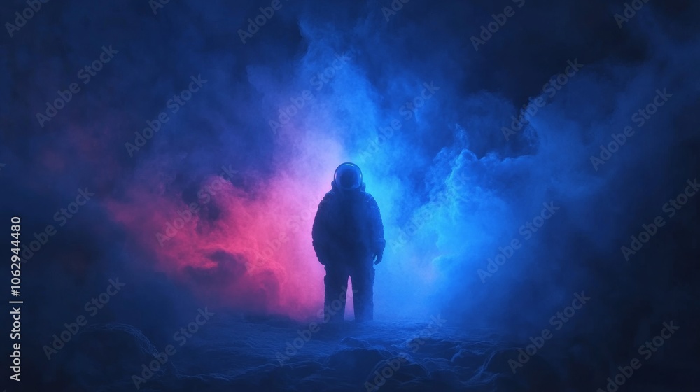 Astronaut in Smoke and Fog Space Exploration Dark Blue and Pink Lights Futuristic Astronaut in Smoke and Fog Space Exploration Dark Blue and Pink Lights Futuristic