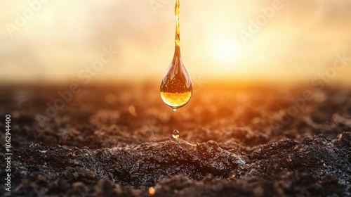 Close-up of oil droplet suspended over contaminated soil during sunset symbolizing environmental degradation photo