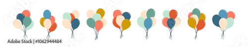 Air balloons tied with strings, baloons bunches set. Festive multi colored ballon bundles. Inflatable helium balls flying. Holiday decoration. Flat vector illustration isolated on white background