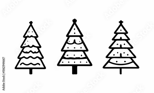 Set of Christmas trees, black and white illustration 